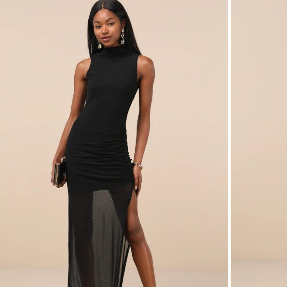 Never worn Lulu's Renowned Glamour Black Mesh Mock Neck Maxi Dress